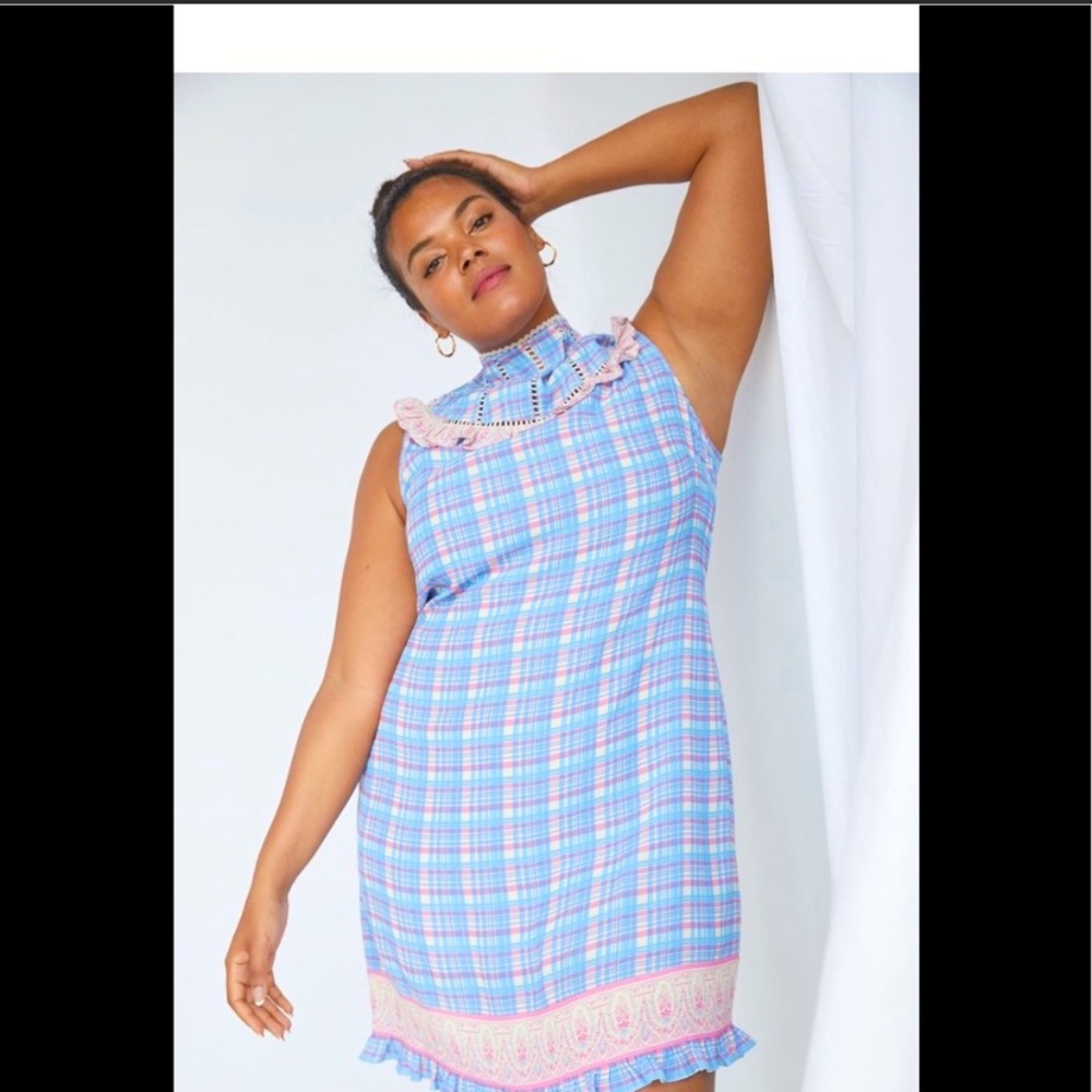 Tracy Reese for Anthropologie plaid high neck lace pastel plus dress 2X